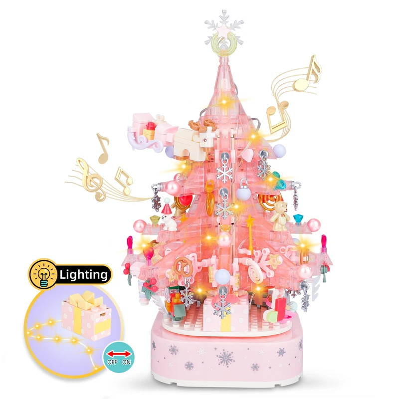 

SEMBO Crystal Christmas Santa Claus Music Box Bricks Girls Sets Lighting Pink Christmas Tree Building Block Toys Kids Gifts