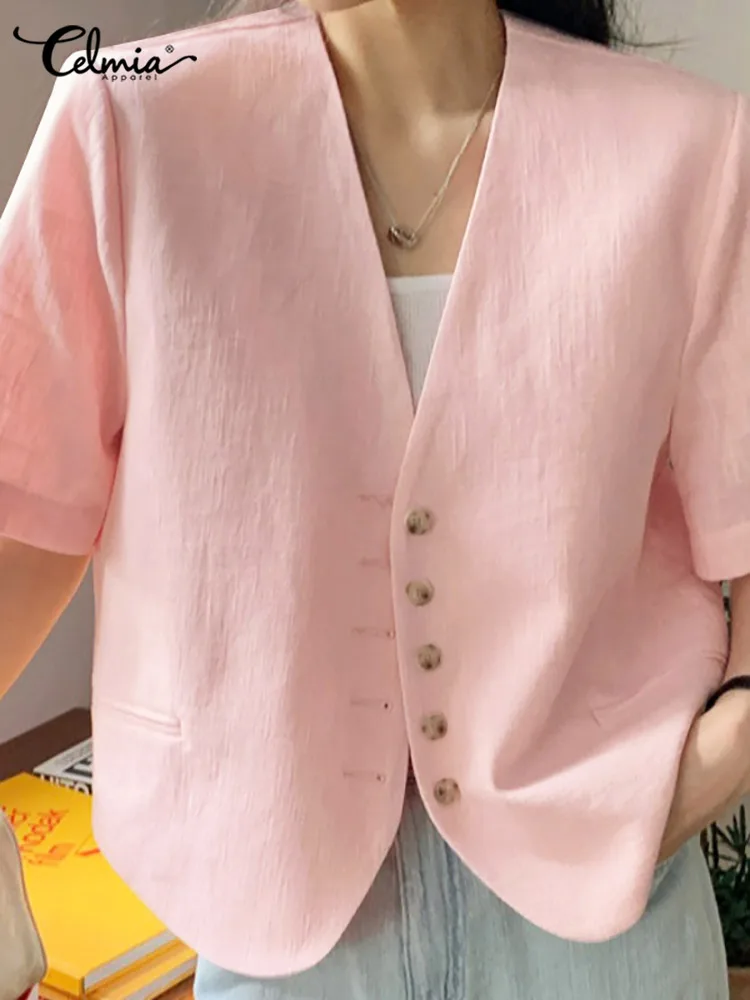

Celmia 2022 Summer Thin Blazer Women Fashion Commuting Short Sleeve Casual Blazer Elegant Solid Color Buttons Short Outerwear