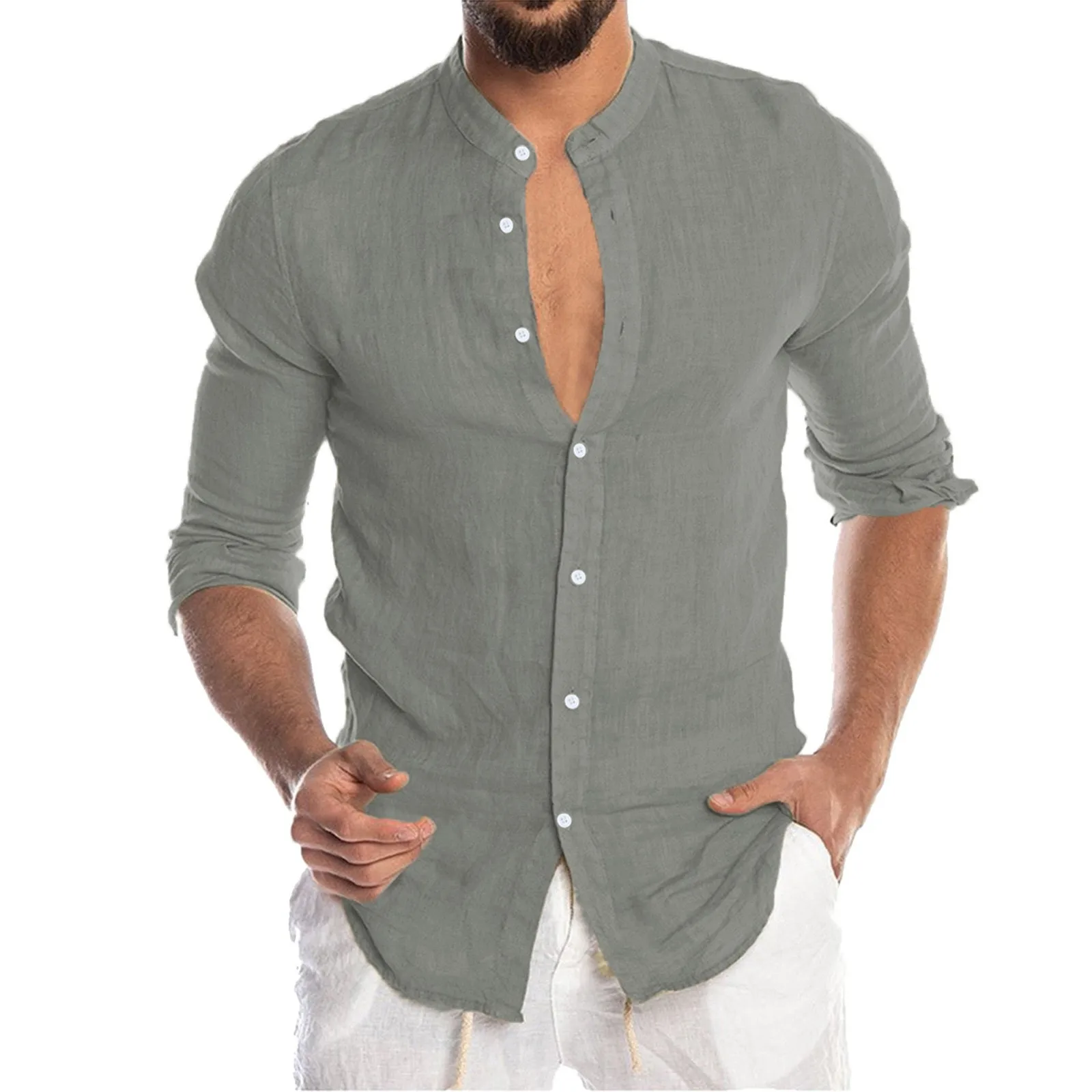

Shirt For Men Linen Long Sleeve Vacation Regular Blouse Fit 4