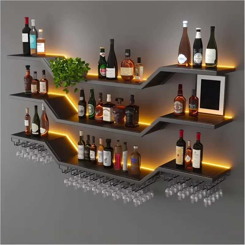 Фото Настенная LED-подсветка для винных бутылок 70,8 дюйма, 3-ярусная современная стеклянная полка для бара с держателем для бокалов, большая вместимость для домашнего бара №1