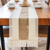 white cotton linen farmhouse macrame table decoration cloth boho hand woven wedding banquet table runner