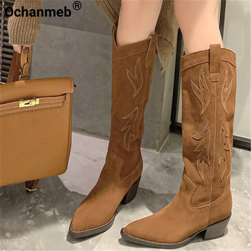 

Ochanmeb Retro Cow Suede Western Boots Women Embroidery Cowboy Knee-high Boots Cowgirl Autumn Winter Block Heel Shoe Brown 33-40
