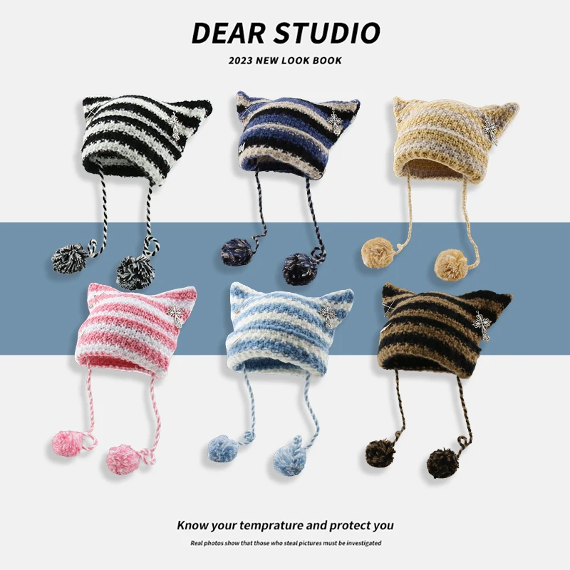 

New Little Devil Pom-pom Beanies for Women and Men Y2k Japanese Niche Cute Cat Ears Striped Color Matching Knitted Pullover Hat