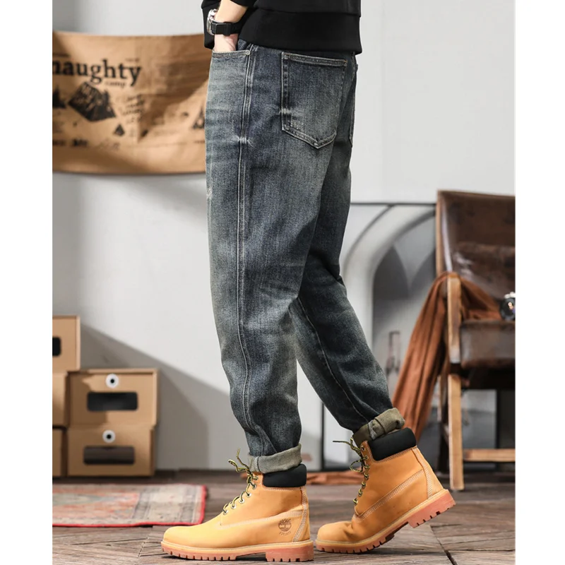 Men Clothing Pattern Vintage Recreational Blue Pants Straight Cylinder Comfortable Loose Jeans Autumn and Winter Female 2022 New