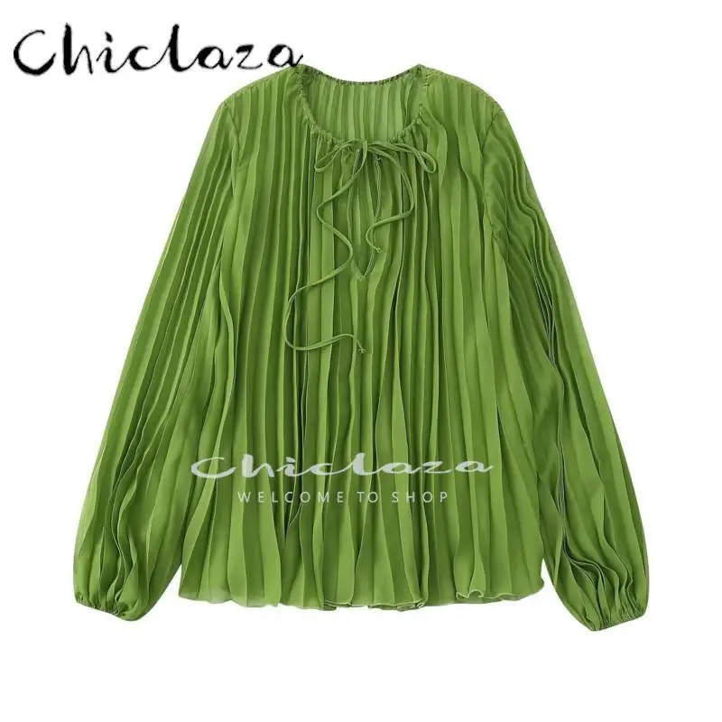 

CHICLAZA 2022 Summer Women Fashion With Ties Loose Shirts Tops Female Vintage Solid Color Slot Collar Puff Sleeves Blouses