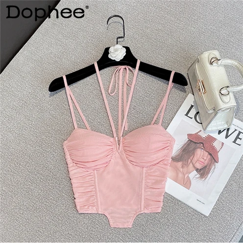 

2022 Summer Sexy Corset Top for Women New Slimming Mesh Low-Cut Spaghetti-Strap Camisole Femme Vacation Seaside