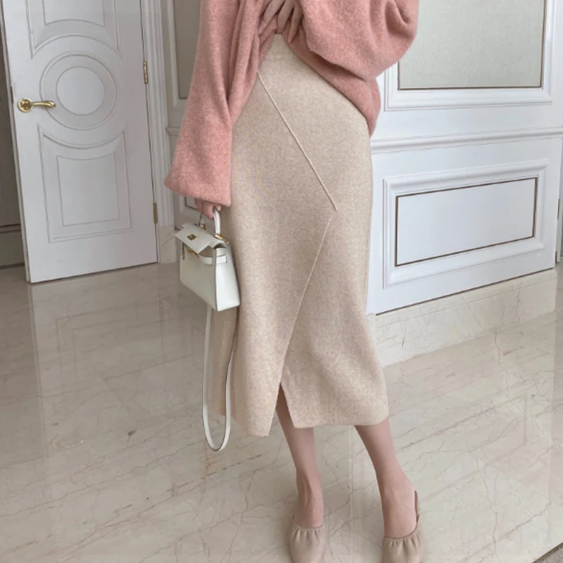 

Women 2022 Autumn Winter New Split Irregular Sweater Skirts Female Long Slim Knitted Skirts Ladies Thick Warm Solid Skirts P945