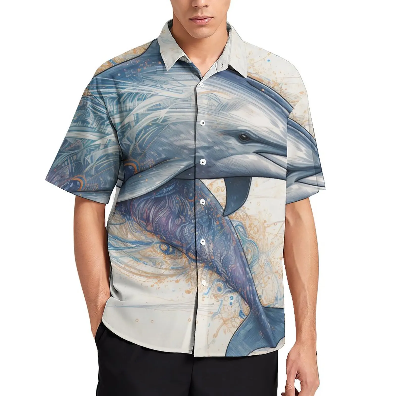 

Dolphin Casual Shirt Realistic Cartoon Beach Loose Shirt Summer Aesthetic Blouses Short-Sleeve Pattern Oversize Clothing