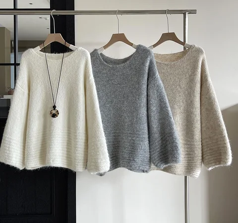 2024, женский мягкий вязаный свитер, сексуальный большой пуловер с круглым вырезом и рукавами-фонариками, одежда, топы для женщин, свитер Pull Femme