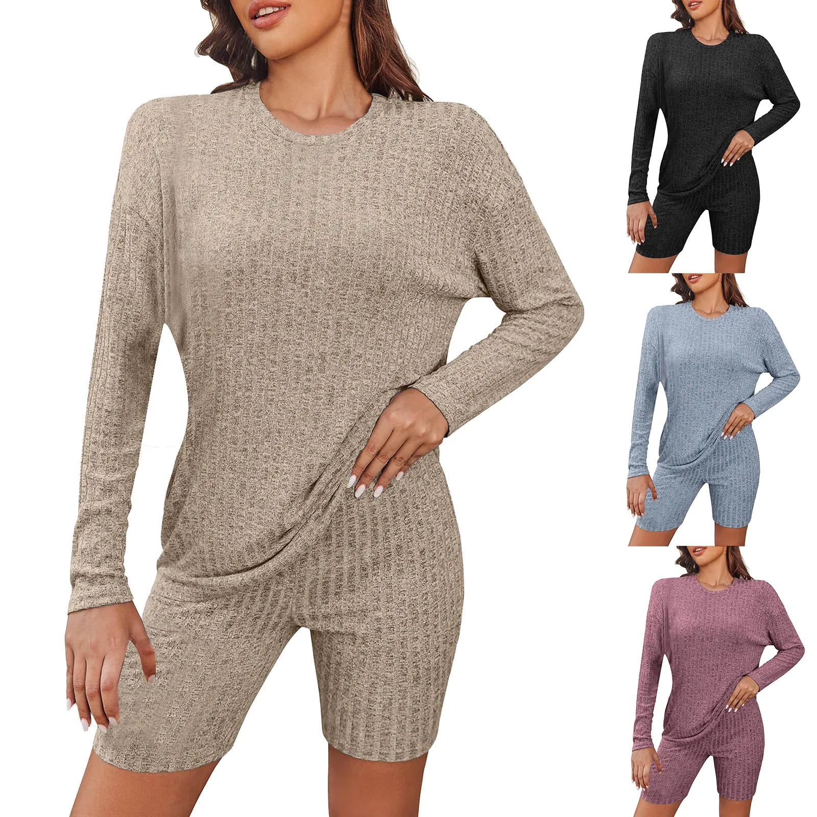 

Комплект из 2 предметов, трикотажные костюмы в рубчик, комплект с шортами с длинным рукавом, одежда для сна, домашняя одежда для женщин