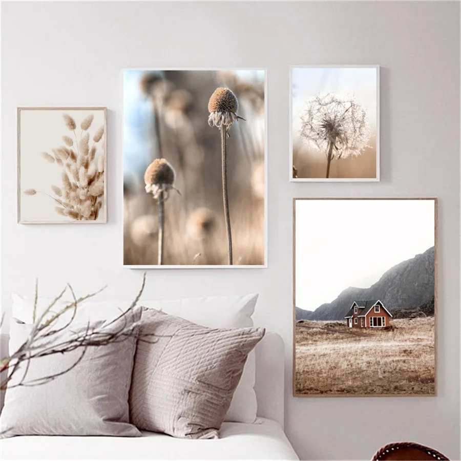 

Beige Reed Dandelion Grass Cow Natural Wall Art Canvas Painting Nordic Posters and Prints Wall Pictures for Living Room Decor