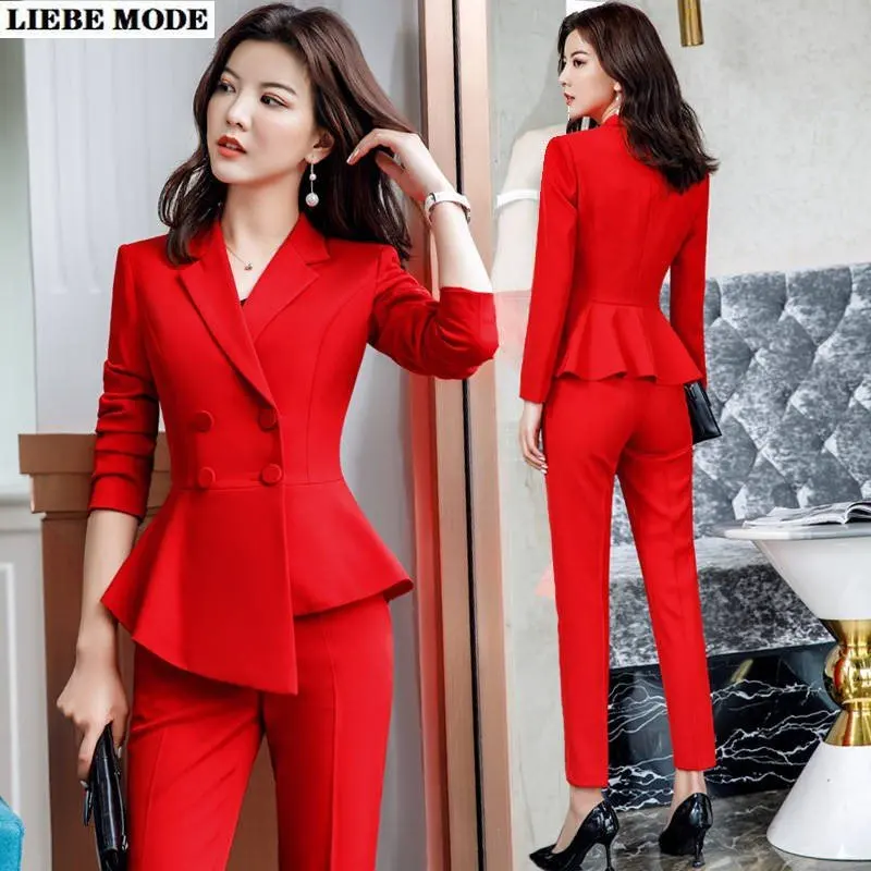 

Women's Blazer Set 2 Pieces Black White Red Burgundy Pantsuits Office Ladies Work Wear Uniform Interview Trouser Suit for Women
