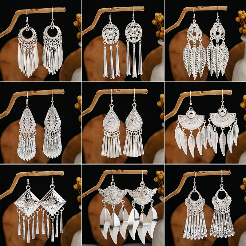 

Bohemian Ethnic Style Imitation Silver Tassel Drop Earrings for Women Retro Long Hollowed Out Leaves Feminine Pendant Earrings