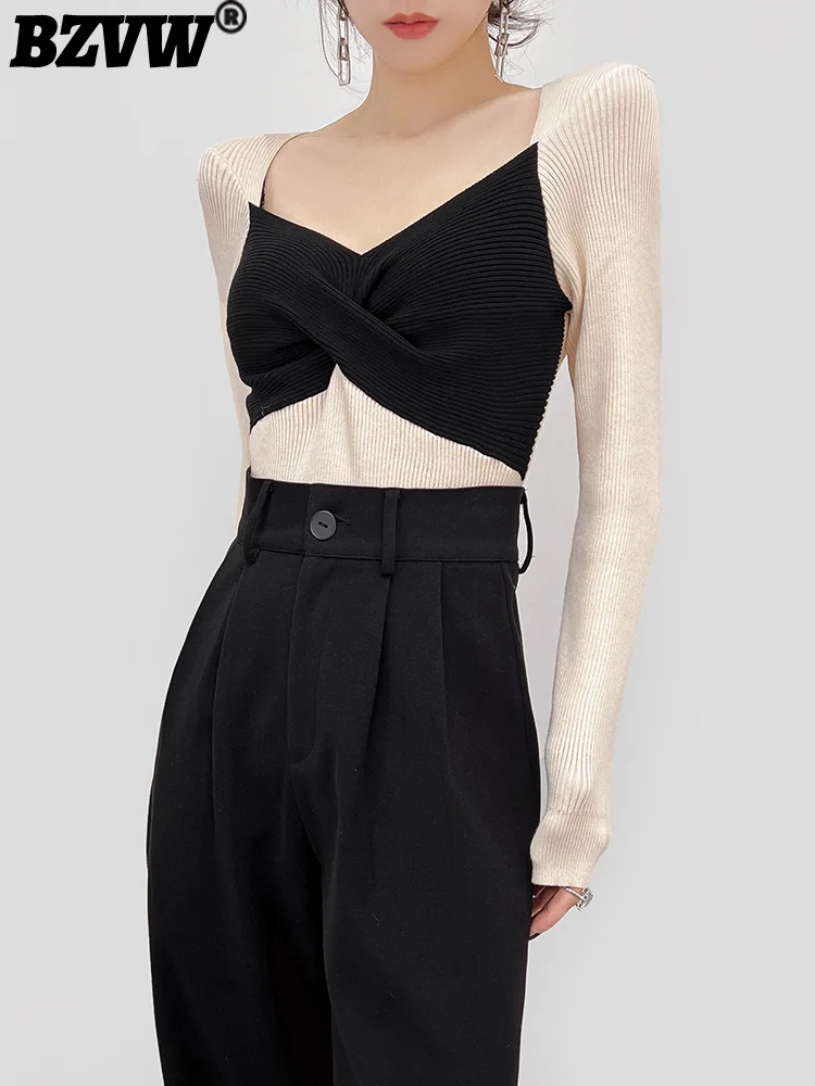 

Женская трикотажная рубашка BZVW, винтажная дизайнерская рубашка контрастных цветов с бантом, V-образным вырезом, весна-осень 2023