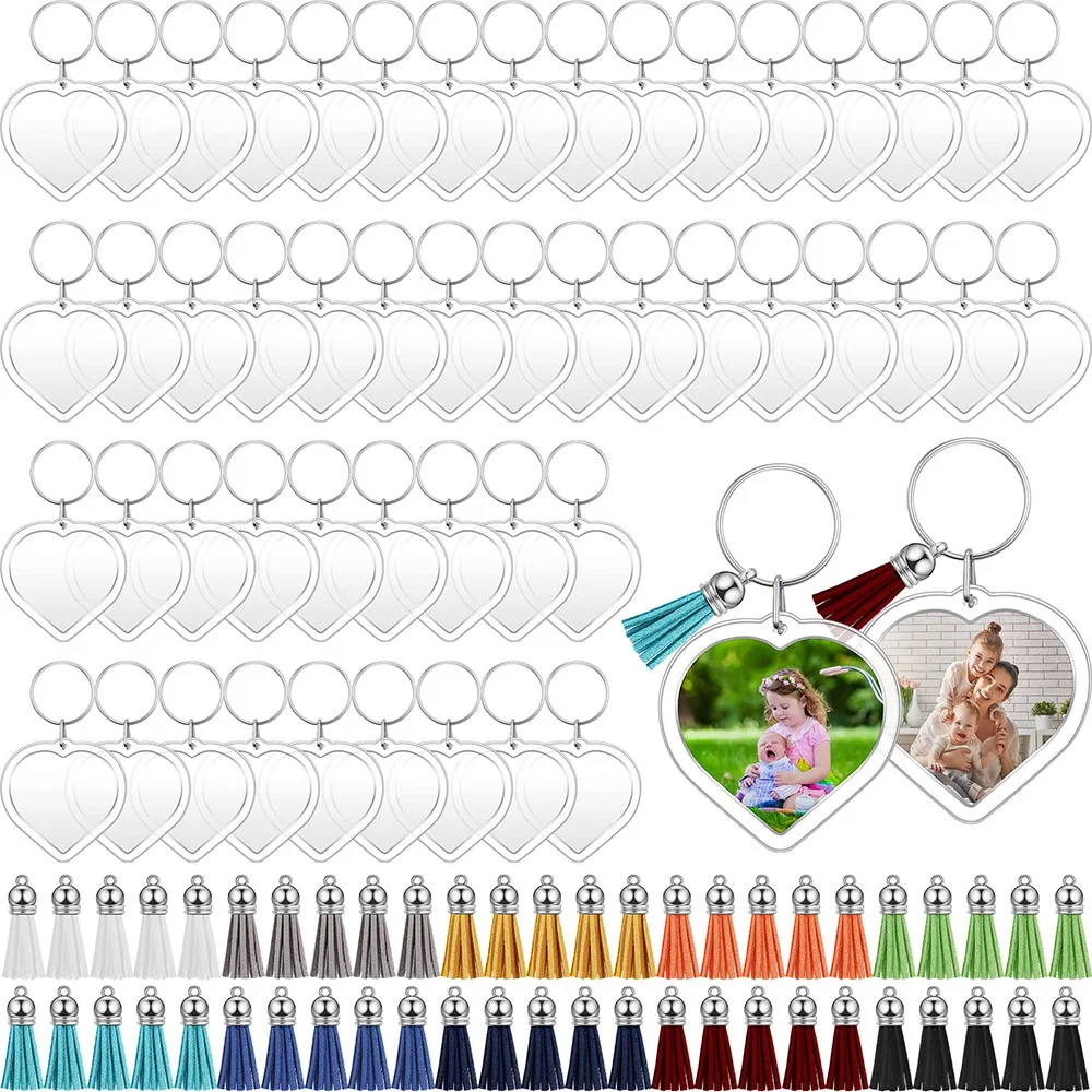 

50sets Heart-shape Acrylic Photo Frame Keychain with Tassels Snap-In Custom Insert Photo Acrylic Blank Keyring for DIY Projects