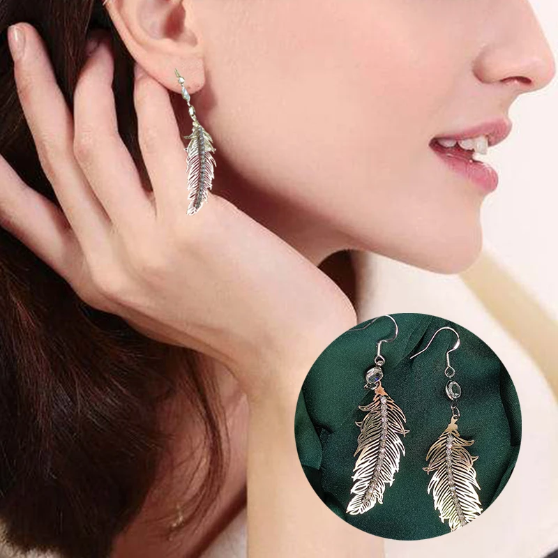 

1 Pair Feather Hoop Stud Earrings For Women New Punk Rock Style High Quality Stainless Steel Micro-inlaid Leaves Ear Jewelry