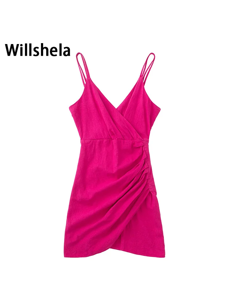 

Willshela женское модное однотонное Плиссированное мини-платье на молнии с открытой спиной, винтажное платье на тонких бретелях с v-образным выр...