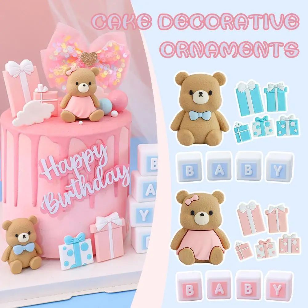 

Baby Birthday Cake Topper Blue Pink Bear Statue Dolls Cake Decorations Boy Girl Kids First 1st Birthday party Cake Topper Insert
