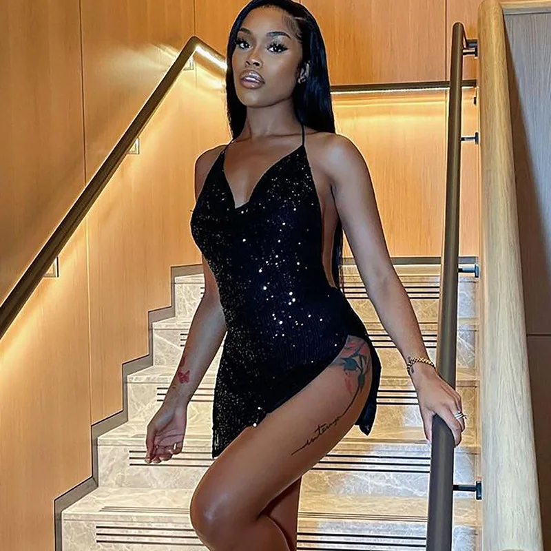 

Новое взрывчатое уличное платье в европейском и американском стиле, сексуальное короткое женское платье с лямкой на шее