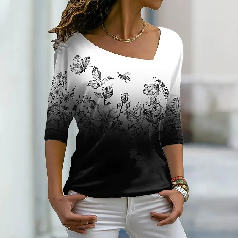 

Women's flyiing butterfly Theme 3D Printed Painting T Shirt Casua Floral 3D Print V Neck Basic Tee Streetwear