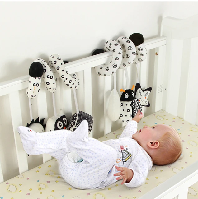Hanging Toys Car Seat Crib Mobile Infant Baby Spiral Plush Bed Stroller Bar Black and White Color Toy with Rattles BB Squeaker 4