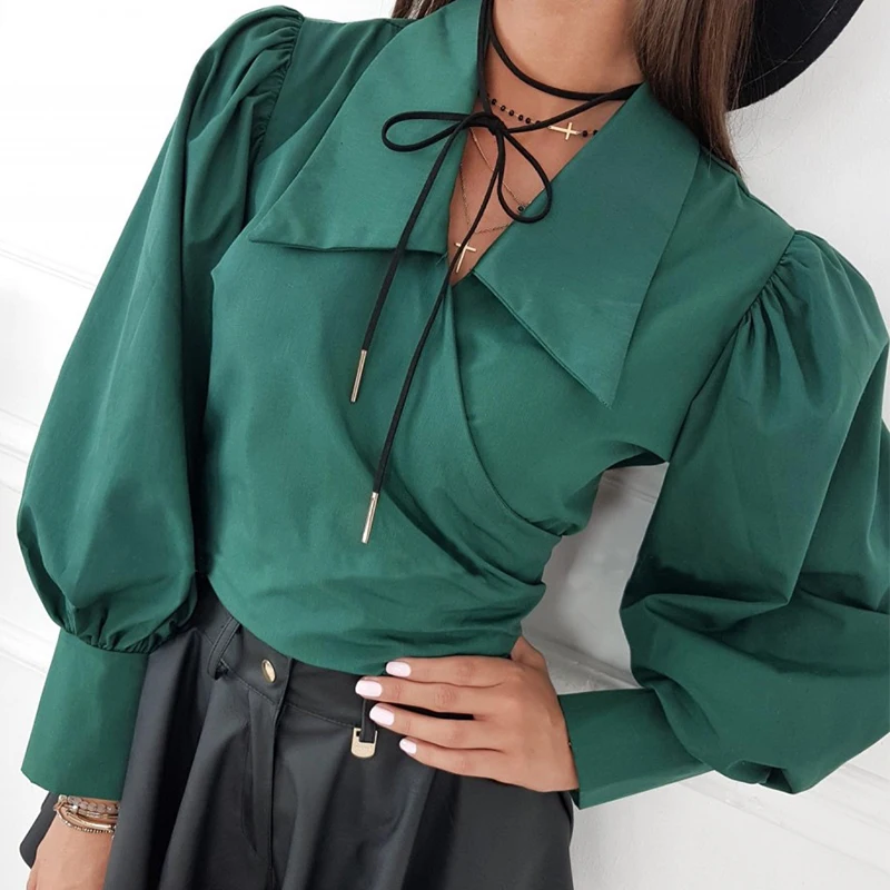 

New Sexy Turn-down Collar Side Draped Blouses Women Wrap V Neck Office Top Shirts Spring Autumn Puff Sleeve Bow Streetwear Blusa