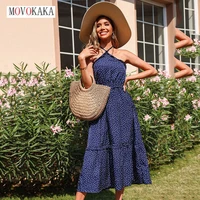 movokaka summer holiday woman sexy strap dress beach casual backless elegant party neck mounted vestidos vintage printed dresses
