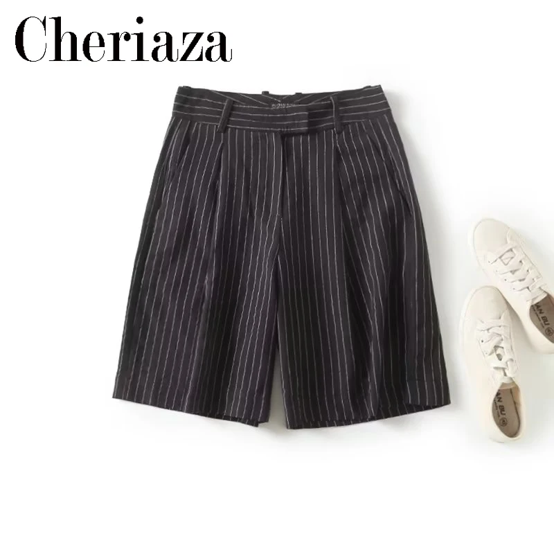 

New Women Shorts Fashion Pleated Strip loose Linen Shorts Vintage High Waist Side Pockets Zipper Female Suit Shorts Mujer