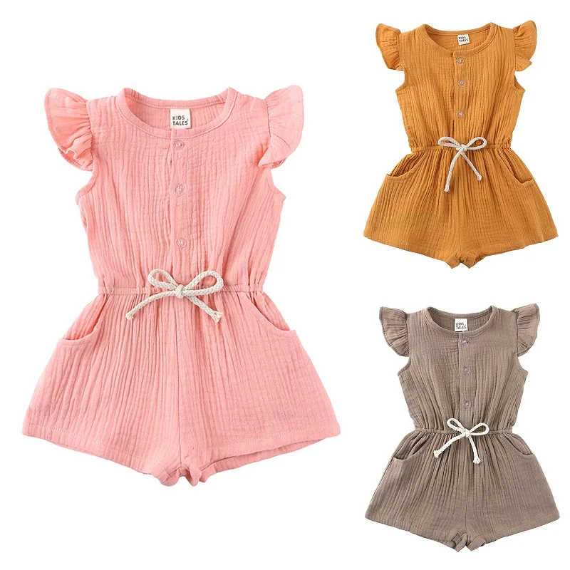 Summer Cotton Girls Jumpsuits Casual Children Clothes One-piece Flying Sleeve Adjustable Waist Overalls Toddler Girl Bodysuits