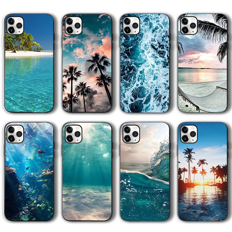 

Sea Beach Case for iPhone 14 Pro Case for iPhone 11 12 13 Pro XR XS Max mini 7 X 8 6 6S Plus SE 2020 Black Silicone Funda