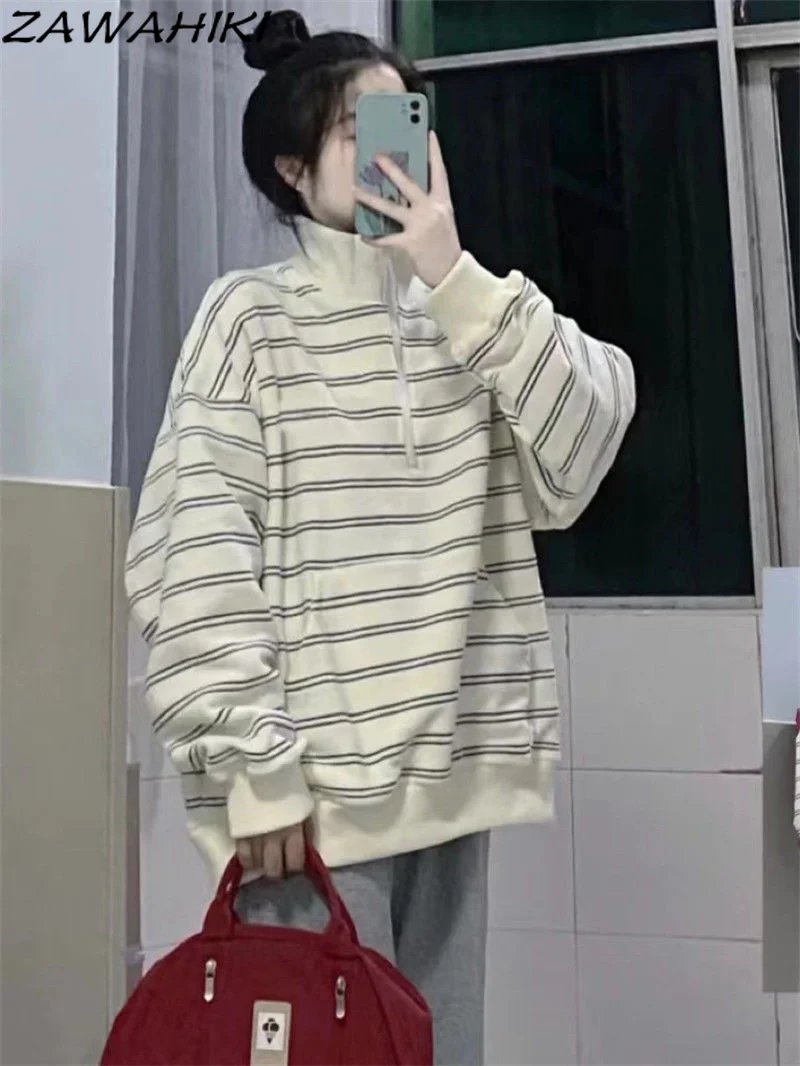 

Harajuku Striped Sweatshirt Women Half Zip-up Collar Pullover Female Fashion Loose Sweatshirt Women Casual Long Sleeve Top