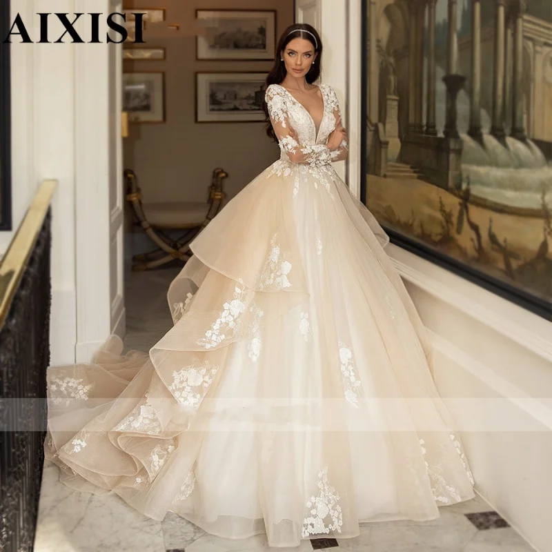 

A-Line Wedding Dress Princess Long Sleeve V-Neck Beading 3D Flowers Appliques Vintage Wedding Dresses