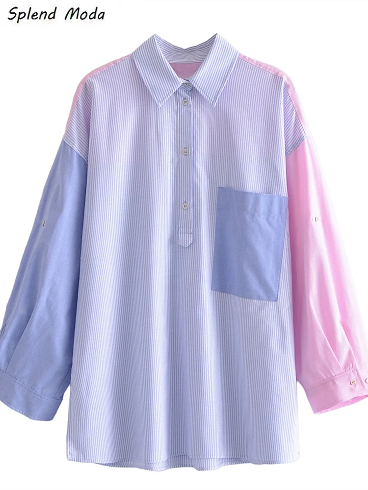 

Splend Moda 2022 Spring Fashion Vintage New Urban Casual Turn Down Collar Stripe Long Sleeve Patchwork Loose Shirt For Women