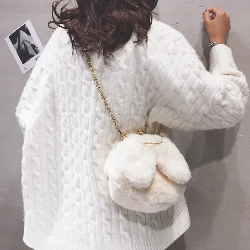 Plush Rabbit Ear Handbag Women Shoulder Crossbody Bag tote Fashion Soft Fluffy Female Chain Bag winter