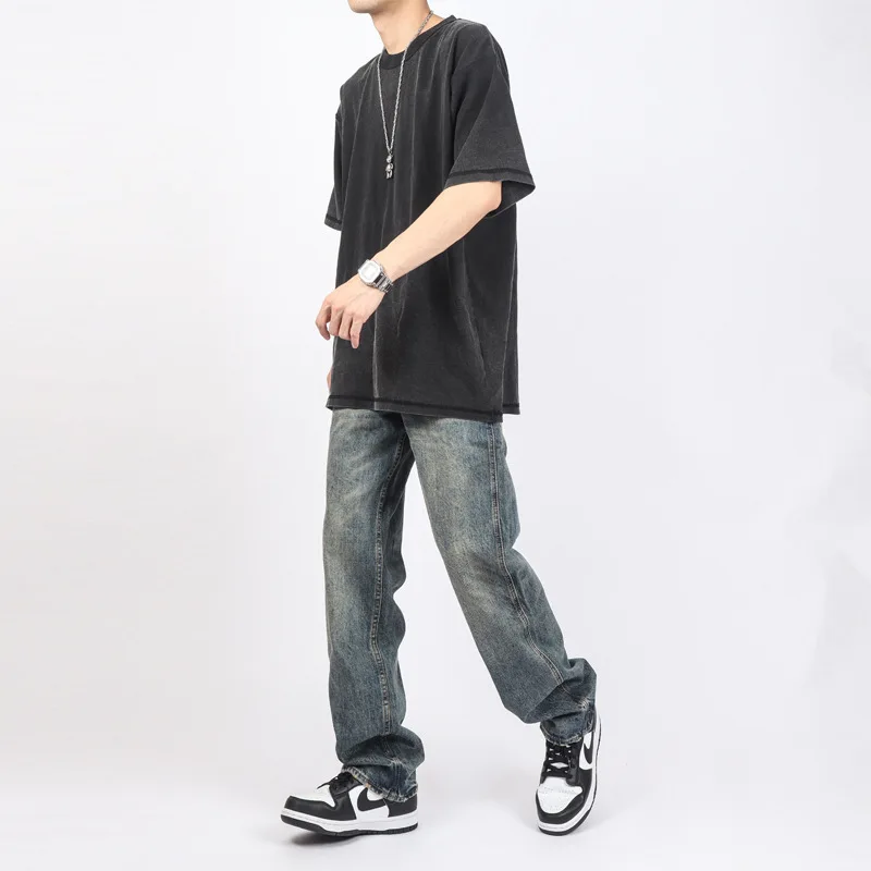 High Street Retro Dark Blue Straight Loose Streetwear Mens Jeans Casual Denim Wide Leg Pants Baggy Full Length Trousers