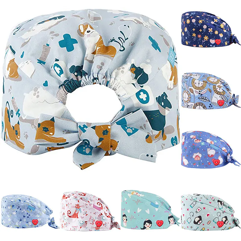 

Surgical Cap Buckle Nurse Doctor Hat Pure Cotton Floral Baotou Cap Fashion Nursing Hat Warm Cap Working Cap Buckle Baotou Cap