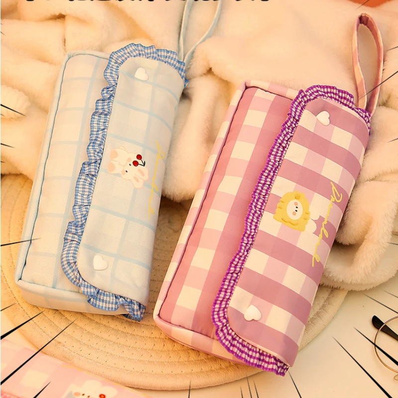 

Japanese Style Cute INS Fashion Checks And Rabbit Theme Cloth Zipper Bag Handy Pencil Bag 21*9cm Blue Red Purple Pink