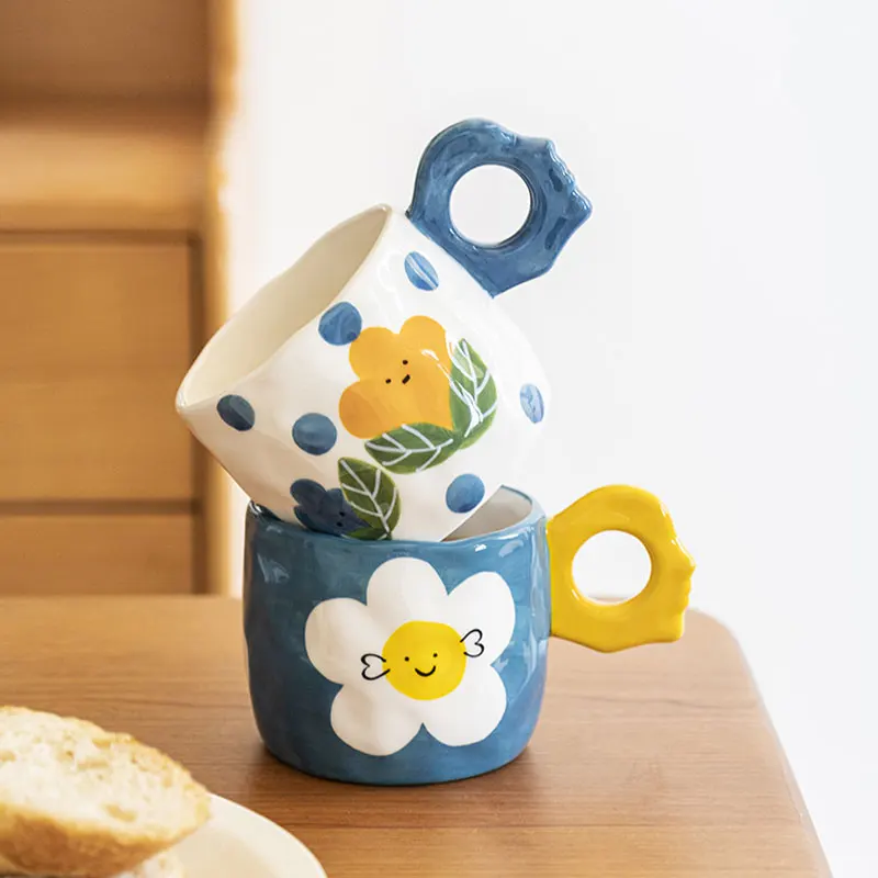 

350ML12OZ korean style Hand-Painted Pinched Irregular Flowers Milk Coffee Tea Oatmeal Breakfast tea Ceramic mugs
