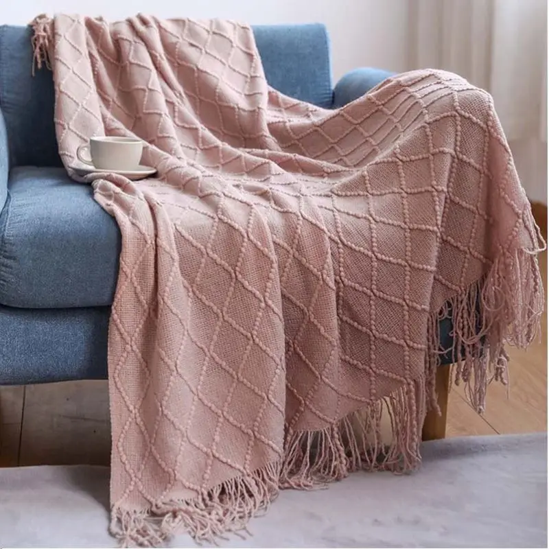 

Solid Color Sofa Throw Blankets With Tassels Knitted Blankets Office Air Conditioner Soft Bedspread Nap Blankets for Bed