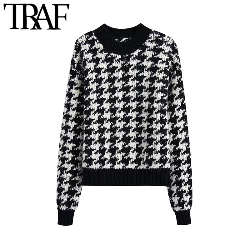 

Traf moda feminina grosso quente houndstooth camisola de malha do vintage o pescoço manga longa feminino pullovers chiques topos