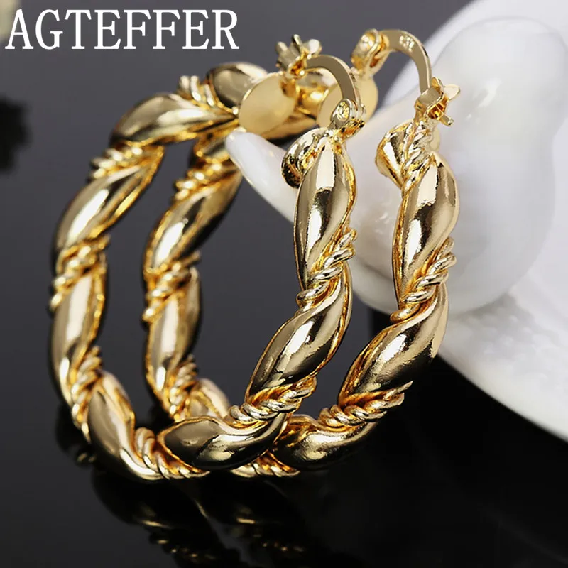 

AGTEFFER 925 Sterling Silver/Gold Twisted Rope Loop 38mm Circle Hoop Earring For Women Fashion Wedding Engagement Party Jewelry