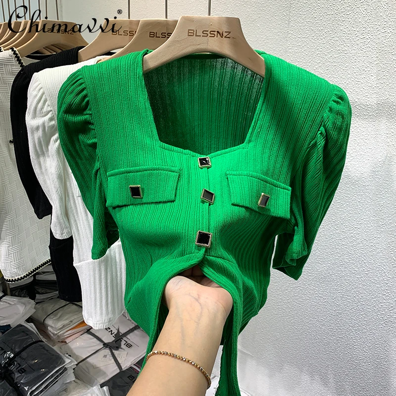 

Women's T-shirt 2022 Summer Fashionable Unique Chic Split Collarbone Square Collar French Half Sleeve Elegant Tops All-matching