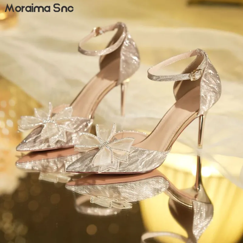 Rhinestone Bow Glitter Wedding Shoes Pointed Toe Stiletto High-Heeled Temperament Fashion High-Heeled Shoes Buckle Hollow Pumps