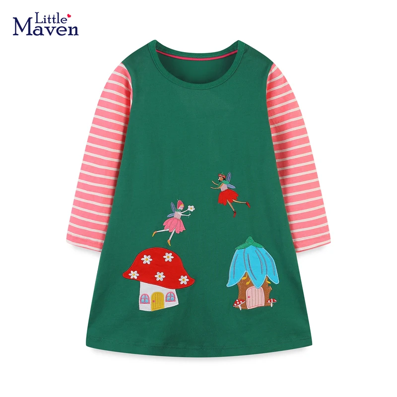

Little maven 2022 Long Sleeves Dress Green Cotton Mushroom Lovely Children Autumn Casual Clothes for Kids 2-7 year