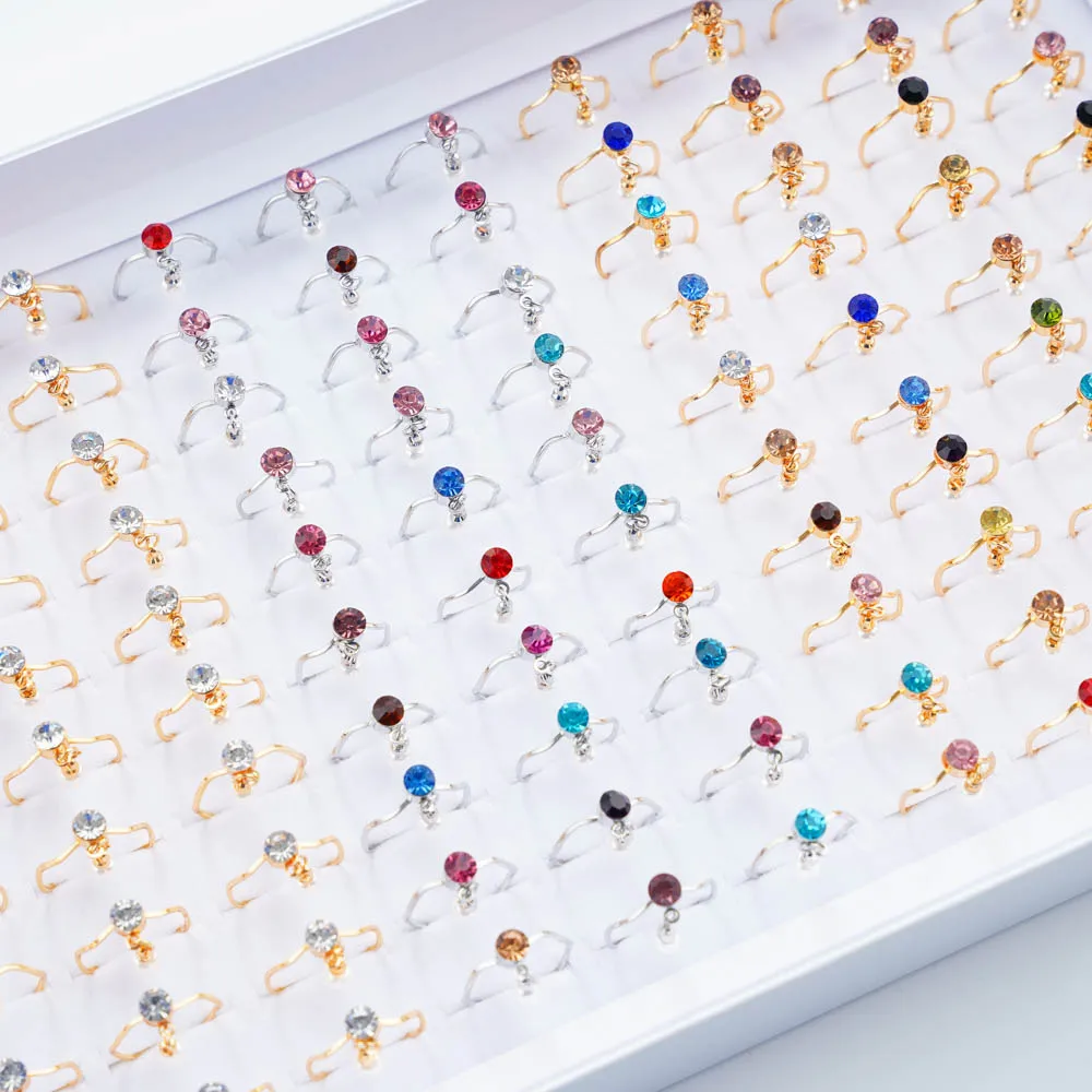 

20Pcs/Lot Trendy Female Colorful Crystal Imitated Pearl Pendant Finger Rings for Women Girls Sweet Jewelry Gifts Size 3-6