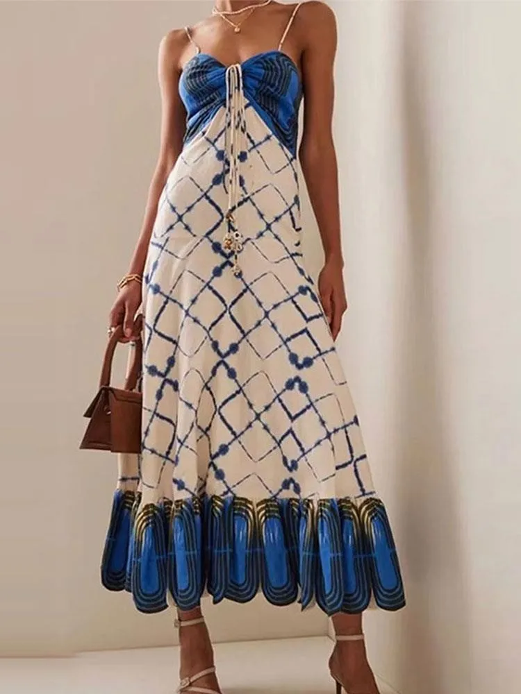 

RDMQ 2023 Women Vintage Floral Print Lace Up Beach Dress Sleeveless Strap Midi Dresses Summer Female Fashion Elegant Vestidos