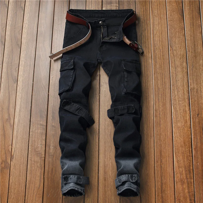 

Casual New Men's Slim Denim Black Big Pocket Casual Bezel Men's Jeans distressed jeans mens street wear