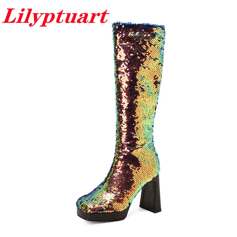 

LILYPTUART ZA Platform Shoes, Women, Fall/Winter 2022 Fashion Sexy Sequin bling Knee Boots, Gold, Silver, Plus Size, Party Shoes