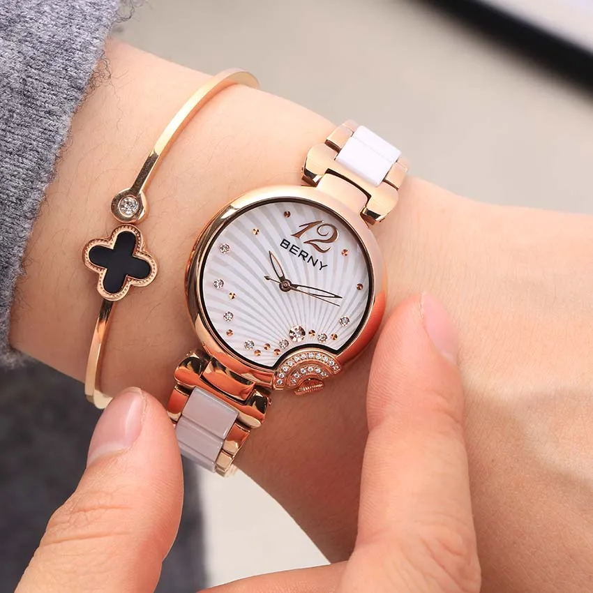 Berny Lady Quartz Watch Woman Ceramic Bracelet Butterfly Buckle Waterproof Stainless Steel Watches Fashion Relogio Feminino Gift