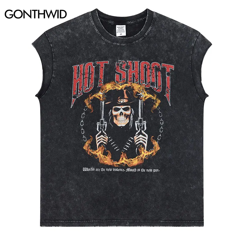 

Men Vintage Tank Top Hip Hop Flame Skull Skeleton Graphic Print Punk Gothic Streetwear Vest Vintage Casual Loose Sleeveless Top